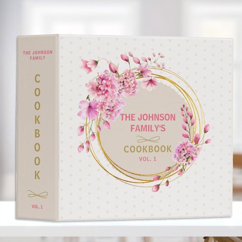 Family Recipes Organizer Pink Wildflowers Elegant 3 Ring Binder