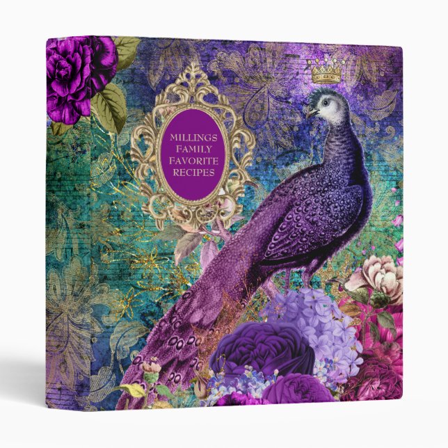 Family Recipes Peacock Elegant Purple Gold  3 Ring Binder (Front/Spine)