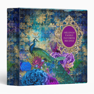 Family Recipes Peacock Elegant Purple Teal Gold  3 Ring Binder