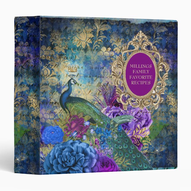 Family Recipes Peacock Elegant Purple Teal Gold  3 Ring Binder (Front/Spine)