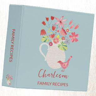 Family Recipes Personalized Bird Jug of Flowers 3 Ring Binder
