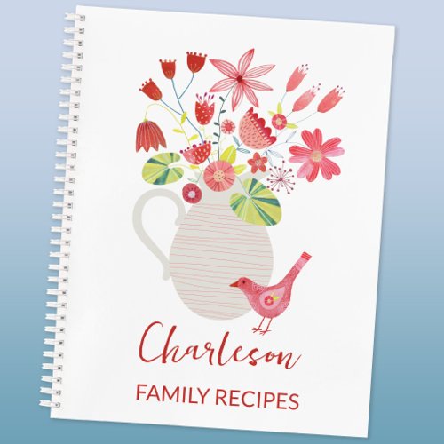 Family Recipes Personalized Bird Jug of Flowers Notebook