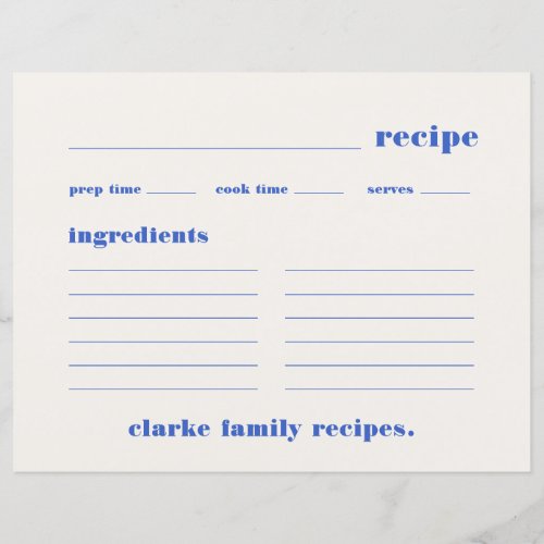 Family Recipes Retro Vintage Blue Recipe Card