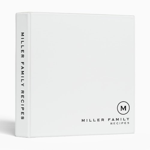 Family Recipes  Simple Black  White Monogram 3 Ring Binder