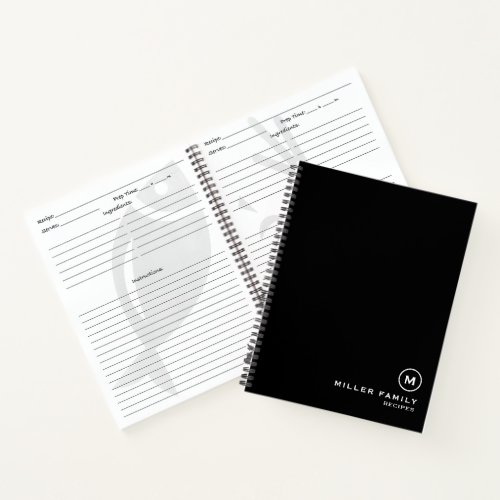 Family Recipes Simple Black White Monogram Notebook