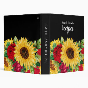 Family Recipes Sunflowers Red Roses Black Notebook 3 Ring Binder
