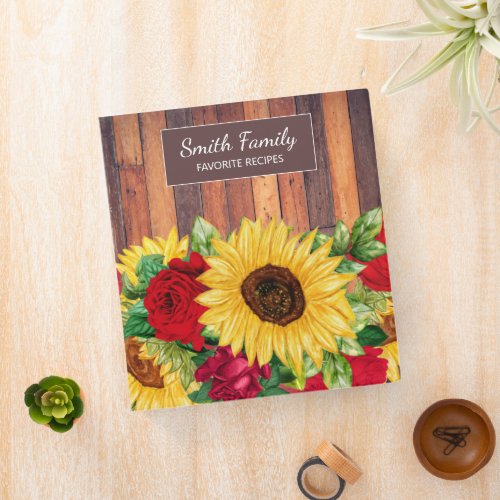 Family Recipes Sunflowers Red Roses Rustic Wood  N 3 Ring Binder
