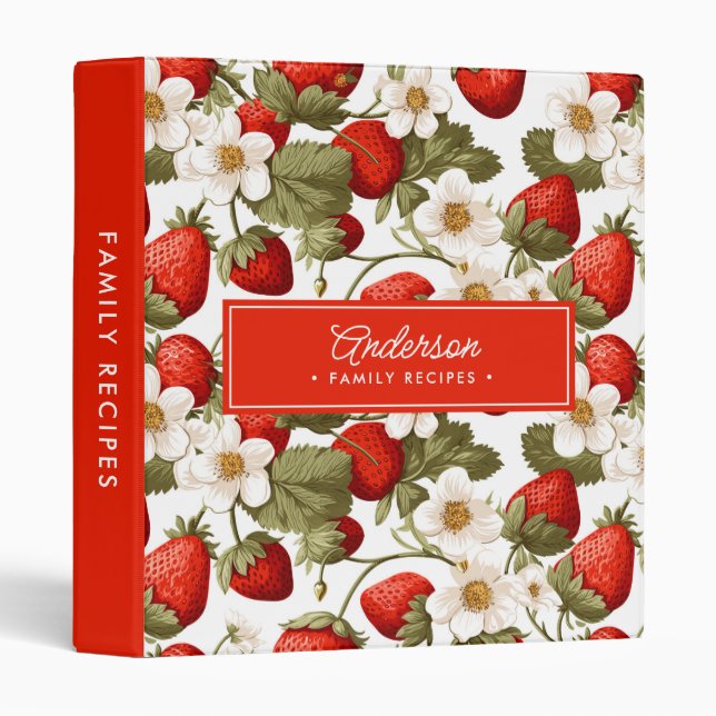 Family Recipes Vibrant Red Strawberries 3 Ring Binder (Front/Spine)