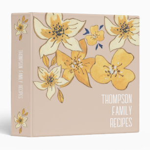 Family recipes watercolor floral yellow and pink 3 ring binder