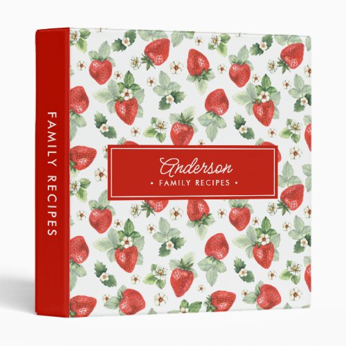 Family Recipes Watercolor Red Strawberries 3 Ring Binder