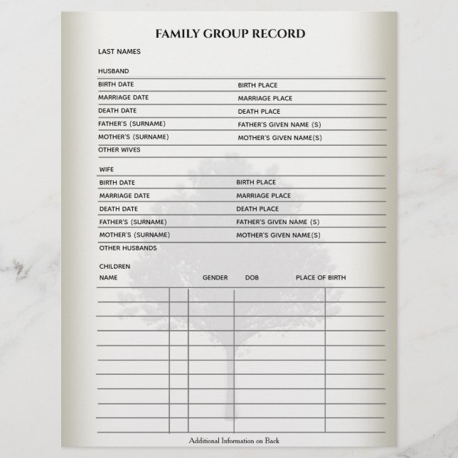 Family Records Genealogy Fillable Form Template (Front)