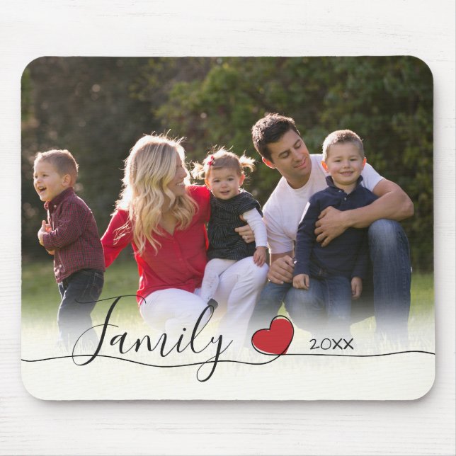 Family Red Heart Calligraphy | Horizontal Photo Mouse Pad (Front)