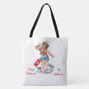 Family Red White Winter Sled Merry Christmas Tote Bag