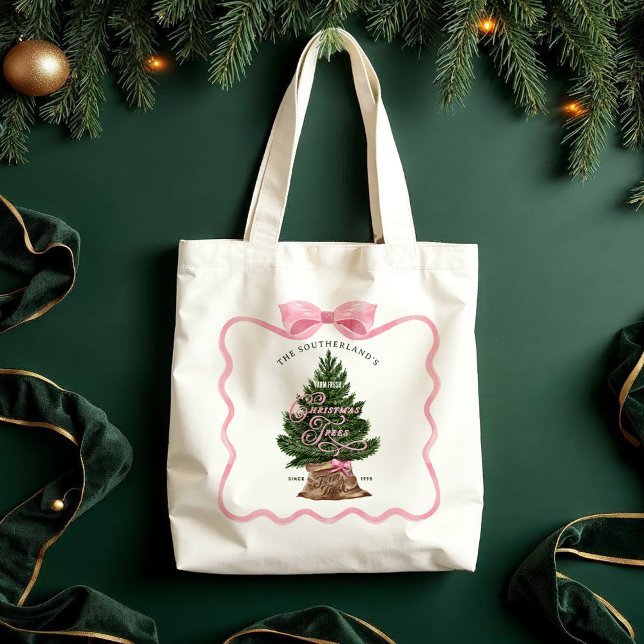 Family Retro Farm Fresh Christmas Trees Pink Bow Tote Bag (Family Retro Farm Fresh Christmas Trees Pink Bow Tote Bag)