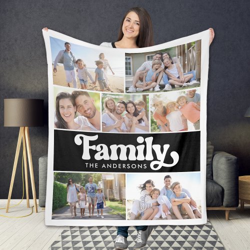Family Retro Typography Photo Collage Fleece Blanket