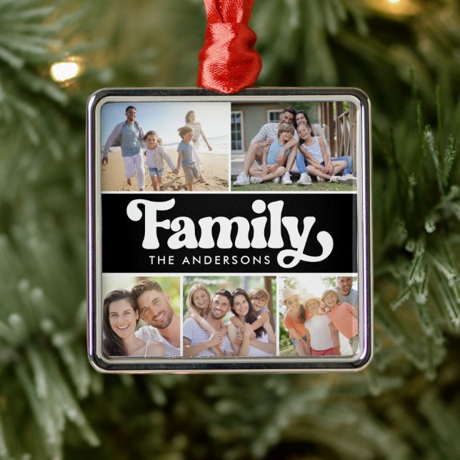Family Retro Typography Photo Collage Metal Ornament (Tree)