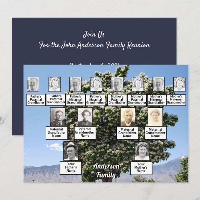 Family Reunion 3 Generation Tree with Flowers Invitation (Front/Back)