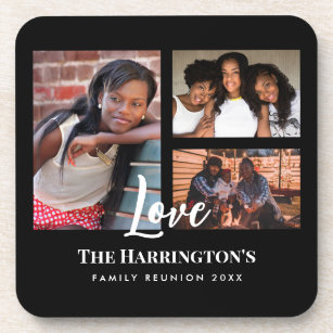 Family Reunion 3 Section Photo Collage Black Frame Beverage Coaster