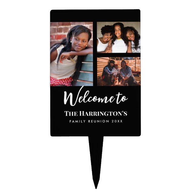 Family Reunion 3 Section Photo Collage Black Frame Cake Topper (Front)