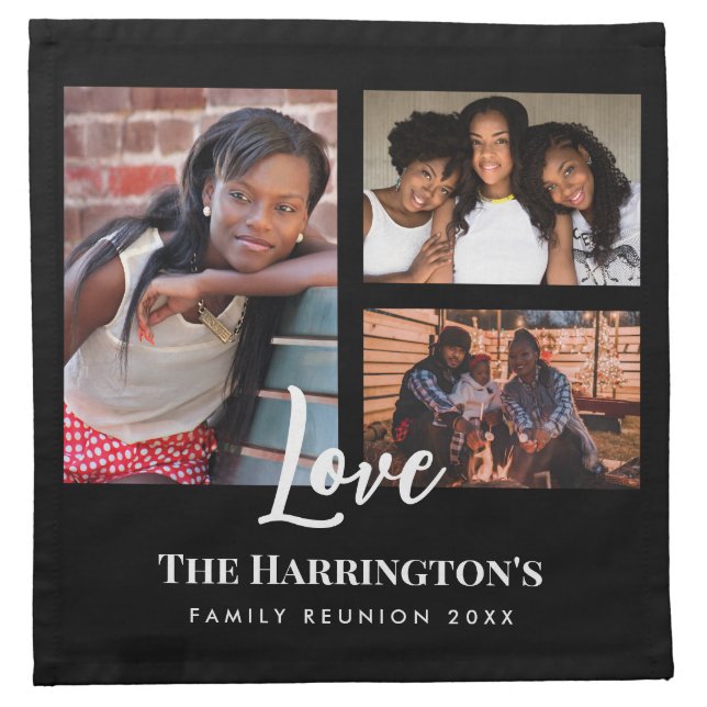 Family Reunion 3 Section Photo Collage Black Frame Cloth Napkin (Front)