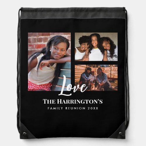 Family Reunion 3 Section Photo Collage Black Frame Drawstring Bag