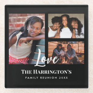 Family Reunion 3 Section Photo Collage Black Frame Glass Coaster