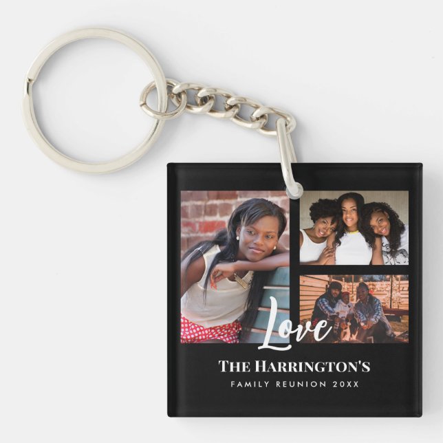 Family Reunion 3 Section Photo Collage Black Frame Keychain (Front)