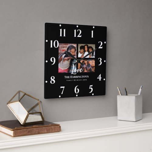 Family Reunion 3 Section Photo Collage Black Frame Square Wall Clock