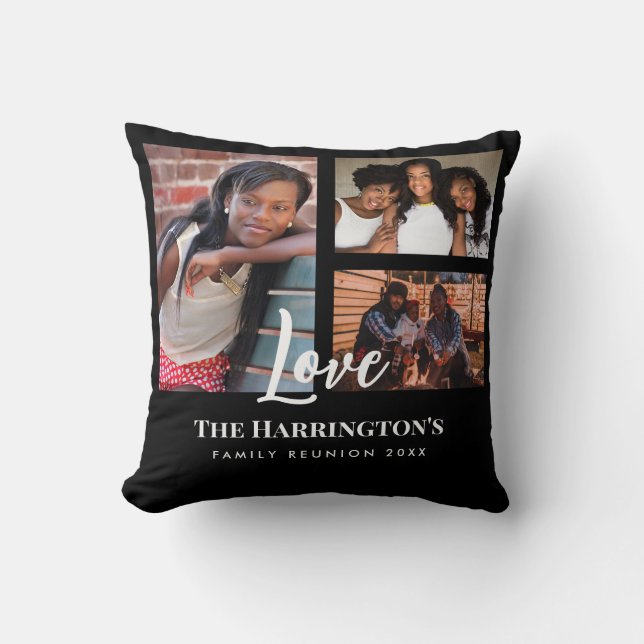 Family Reunion 3 Section Photo Collage Black Frame Throw Pillow (Front)