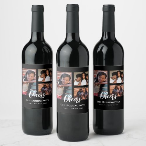 Family Reunion 3 Section Photo Collage Black Frame Wine Label