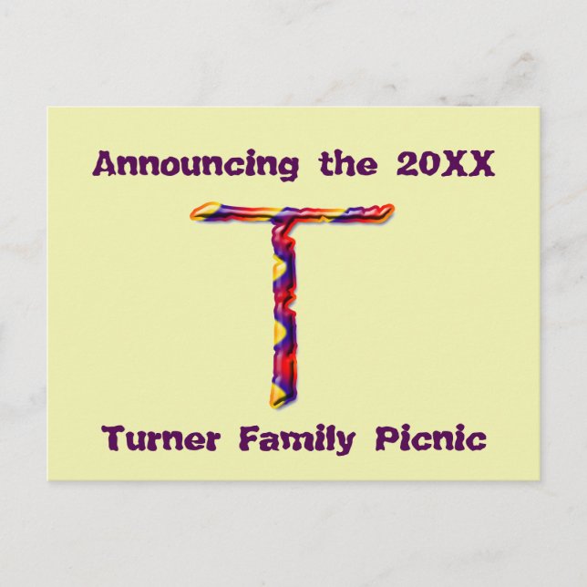 Family Reunion Announcement Colorful Letter T Postcard (Front)