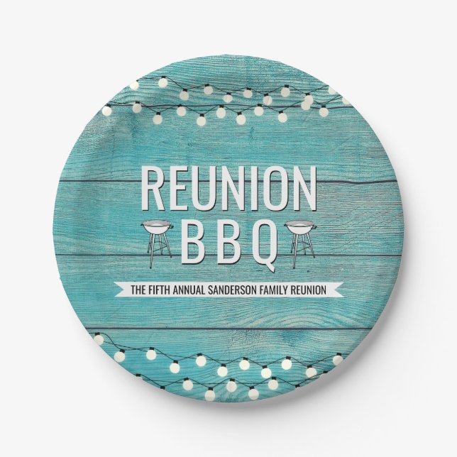 Family Reunion Annual BBQ Barbecue Rustic Paper Plates (Front)