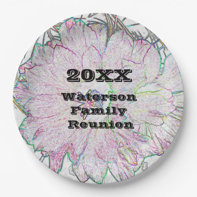 Family Reunion Artistic Flower Sketch Large Event Paper Plates (Front)