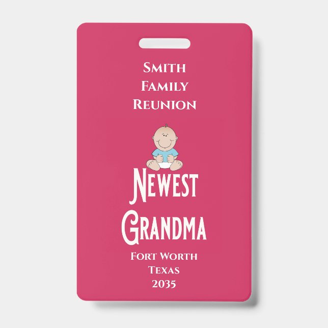 Family Reunion Award Baby Boy Newest Grandma  Badge (Front)