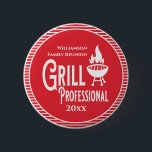 Family Reunion Award Barbecue Grill Professional Button<br><div class="desc">It's fun getting together with your family and reconnecting, sharing stories and learning about family genealogy. It's also fun to have an awards ceremony at your Family Reunion gathering. Here is a just for fun red and white Family Reunion Award Button for the person who helps grill all those hamburgers,...</div>