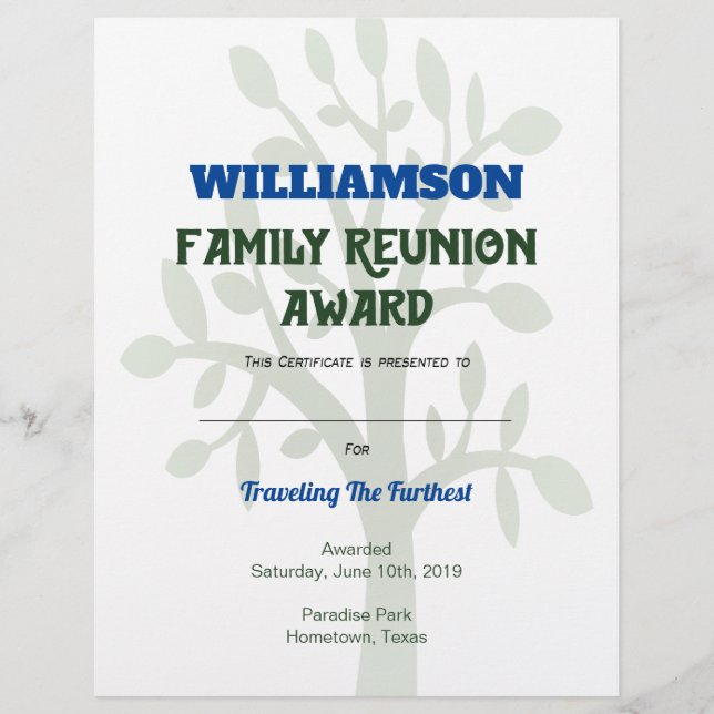 Family Reunion Award Certificate Personalized Tree Letterhead (Front)