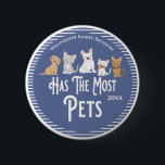 Family Reunion Award Has The Most Pets Button<br><div class="desc">It's fun getting together with your family and reconnecting, sharing stories and learning about family genealogy. It's also fun to have an awards ceremony at your Family Reunion gathering. Cute design features three dogs and two cats and is purrfect for a pet lover. This button can be awarded to the...</div>