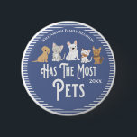Family Reunion Award Has The Most Pets Button<br><div class="desc">It's fun getting together with your family and reconnecting, sharing stories and learning about family genealogy. It's also fun to have an awards ceremony at your Family Reunion gathering. Cute design features three dogs and two cats and is purrfect for a pet lover. This button can be awarded to the...</div>