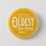 Family Reunion Award Oldest Family Member Button<br><div class="desc">It's fun getting together with your family and reconnecting, sharing stories and learning about family genealogy. It's also fun to have an awards ceremony at your Family Reunion gathering. Here is a fun yellow and white Family Reunion Award Button for the Oldest Family Member. Add your family name and year...</div>