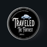 Family Reunion Award Traveled The Furthest Car Button<br><div class="desc">It's fun getting together with your family and reconnecting, sharing stories and learning about family genealogy. It's also fun to have an awards ceremony at your Family Reunion gathering. Here is a just for fun black and white Family Reunion Award Button for the person who traveled the furthest distance to...</div>