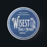 Family Reunion Award Wisest Family Member Button<br><div class="desc">It's fun getting together with your family and reconnecting, sharing stories and learning about family genealogy. It's also fun to have an awards ceremony at your Family Reunion gathering. Who is the Wisest Family Member? The one that who has the right advice and answers. Blue and white design includes a...</div>