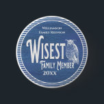 Family Reunion Award Wisest Family Member Button<br><div class="desc">It's fun getting together with your family and reconnecting, sharing stories and learning about family genealogy. It's also fun to have an awards ceremony at your Family Reunion gathering. Who is the Wisest Family Member? The one that who has the right advice and answers. Blue and white design includes a...</div>