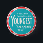 Family Reunion Award Youngest Family Member Button<br><div class="desc">It's fun getting together with your family and reconnecting, sharing stories and learning about family genealogy. It's also fun to have an awards ceremony at your Family Reunion gathering. Here is a fun blue, red and white Family Reunion Award Button for the Youngest Family Member. Add your family name and...</div>