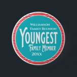 Family Reunion Award Youngest Family Member Button<br><div class="desc">It's fun getting together with your family and reconnecting, sharing stories and learning about family genealogy. It's also fun to have an awards ceremony at your Family Reunion gathering. Here is a fun blue, red and white Family Reunion Award Button for the Youngest Family Member. Add your family name and...</div>