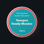 Family Reunion Award Youngest Family Member Button<br><div class="desc">It's fun getting together with your family and reconnecting, sharing stories and learning about family genealogy. It's also fun to have an awards ceremony at your Family Reunion gathering. Here is a fun blue, red and white Family Reunion Award Button for the Youngest Family Member. Add your family name and...</div>