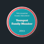 Family Reunion Award Youngest Family Member Button<br><div class="desc">It's fun getting together with your family and reconnecting, sharing stories and learning about family genealogy. It's also fun to have an awards ceremony at your Family Reunion gathering. Here is a fun blue, red and white Family Reunion Award Button for the Youngest Family Member. Add your family name and...</div>