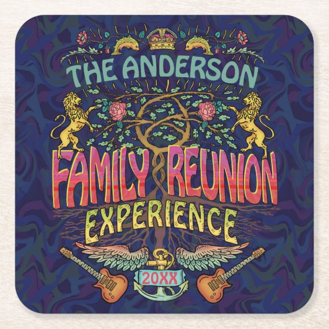 Family Reunion Band Retro 70s Concert Logo Custom Square Paper Coaster (Front)