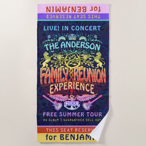 Family Reunion Band Retro 70s Concert Logo Neon Beach Towel