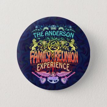 Family Reunion Band Retro 70s Concert Logo Neon Button by HaHaHolidays at Zazzle