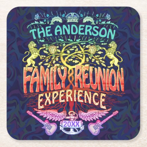 Family Reunion Band Retro 70s Concert Logo Neon Square Paper Coaster